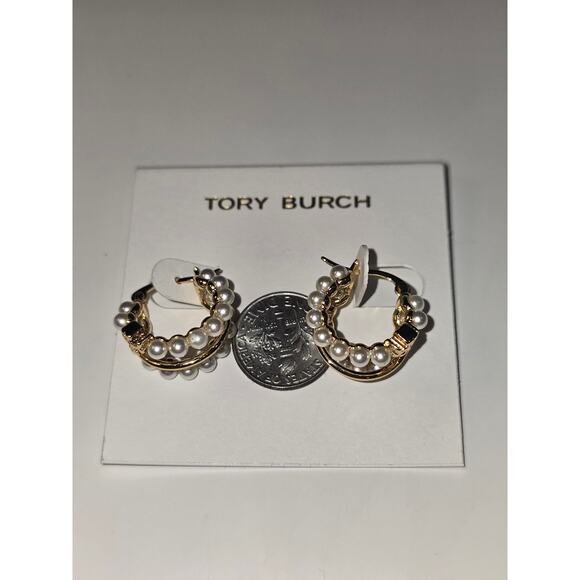 Tory Burch Kira 18K-Gold-Plated & Imitation Pearl Triple Hoop Earrings - NWOT - Picture 4 of 7